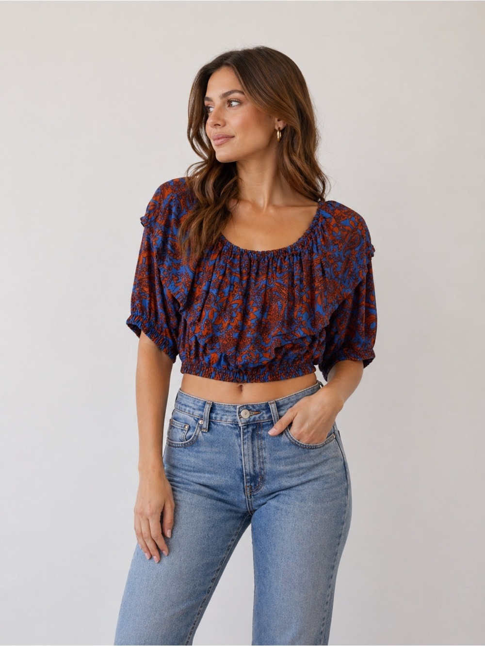 Vicolo Floral Paisley Print Off-Shoulder Crop Top in Blue & Brown Cottagecore